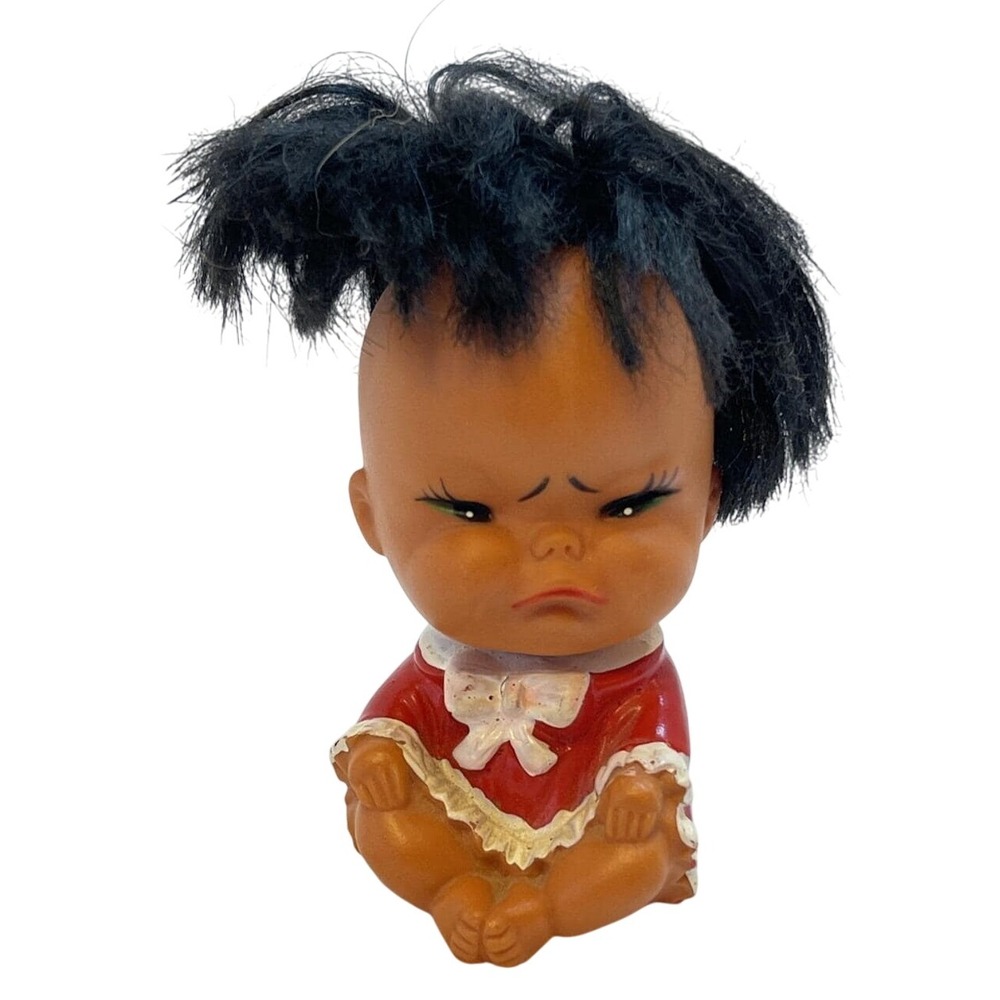 Vintage 1970s Grumpy Baby Doll Russ Berrie & Co. Vinyl Red Dress Funny‎ Face